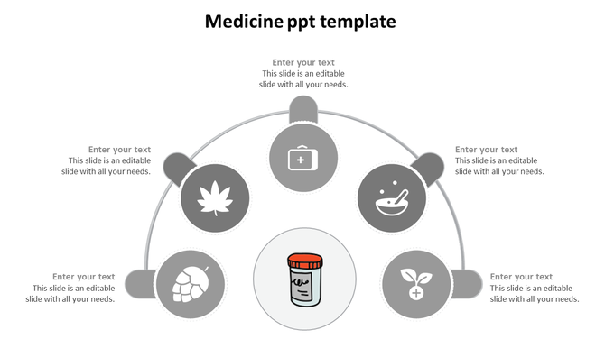 Template with a central medicine bottle and five gray icons around it in an arc layout, each with space for text.