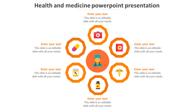 Health and medicine PPT slide with a central doctor icon surrounded by orange medical symbols in an octagonal layout.