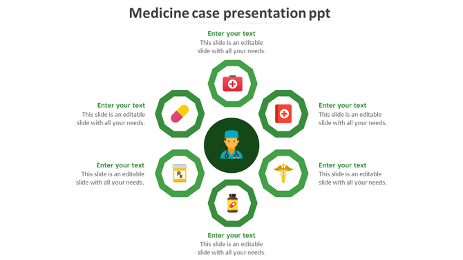 Medicine case presentation template featuring a central doctor icon surrounded by medical symbols and text sections.