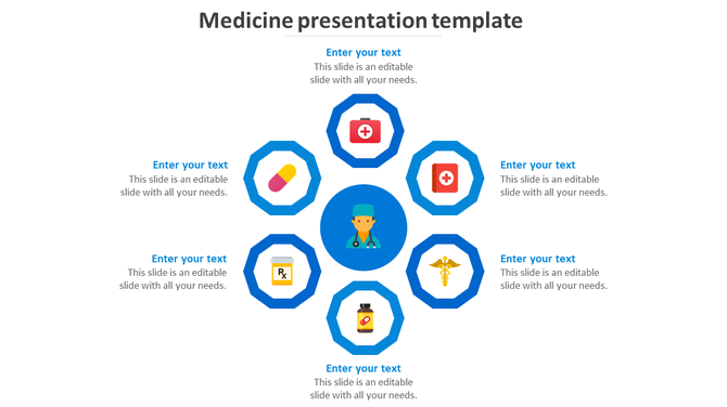 Medical presentation slide with a central doctor icon surrounded by six blue hexagons featuring healthcare related symbols. 