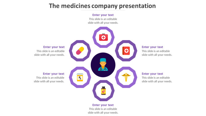 Medical presentation slide with a central doctor icon surrounded by six purple hexagons featuring healthcare symbols. 