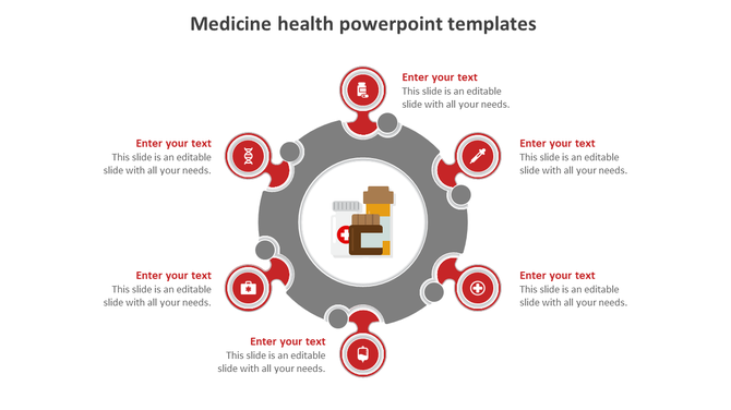 Medical circular diagram with a medicine bottle in the center, linked to six red icons representing healthcare elements. 