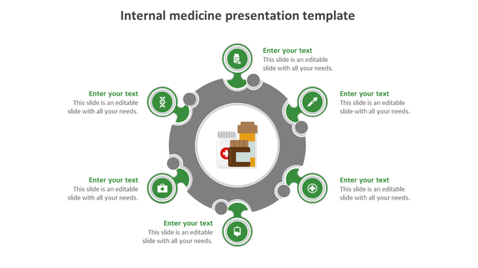 Circular internal medicine template with medicine bottle and capsules surrounded by six medical icons with placeholder text.