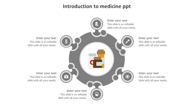 Medical-themed slide with a pharmacy icon surrounded by six circular icons, each representing different medical topics.
