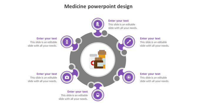 Slide with a central medicine icon and six surrounding purple sections, each with healthcare icons and space for text.