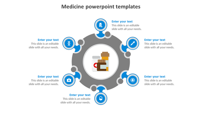 Medicine PPT slide with a grey circular layout, featuring healthcare blue icons with placeholder text on a white backdrop.
