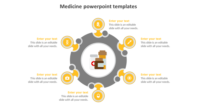 Medicine-themed presentation slide with a central pill bottle graphic, encircled by six yellow and gray medical icons 