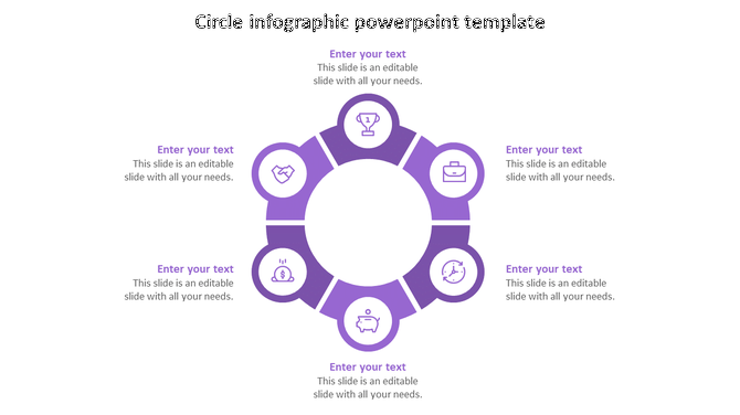 Circular infographic with six purple segment, each containing a icon representing business concepts, with text placeholders. 