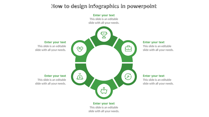 Green circular infographic with six segments, each containing a white icon representing different business concepts.