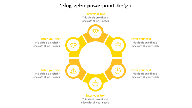 Monochrome circular infographic Google Slides template with six yellow segments and text placeholders on a white backdrop.