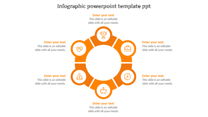 Orange circular infographic divided into six segments with text placeholders and icons such as a dollar sign and clock.