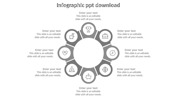 Infographic PowerPoint template with a grey circular design, featuring eight icons with placeholder text on a white backdrop.