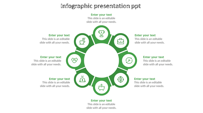 Infographic with eight green icons in a circular layout, depicting financial, productivity, and business related elements. 