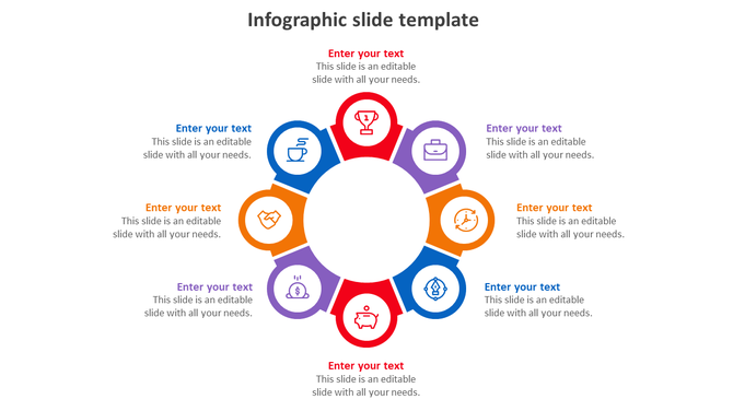 Circular infographic with eight segments, each containing an icon like a trophy, clock, and handshake, with placeholder text.