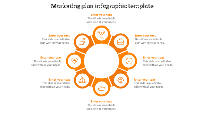 Slide featuring an orange circular infographic with eight segments, each containing an icon and space for text.