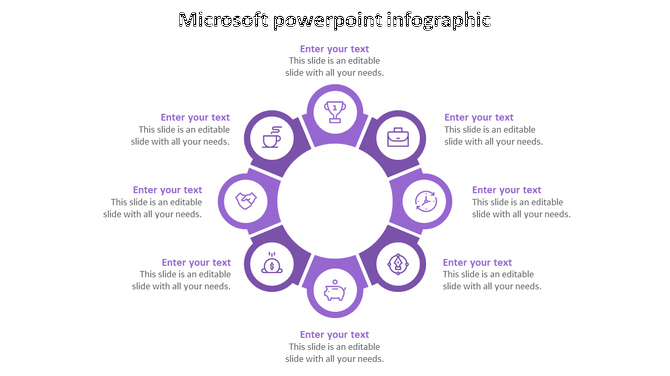 Infographic PPT template with a purple circular design, featuring eight icons with placeholder text on a white backdrop.