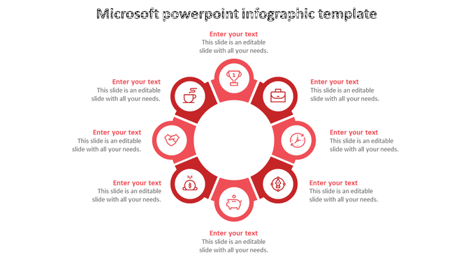 Microsoft infographic with eight red sections, each containing an icon, arranged around a  white circle with placeholders text.