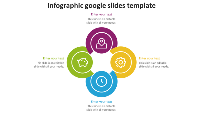 Circular infographic with four segments in purple, green, yellow, and blue, featuring icons of a location pin to clock.