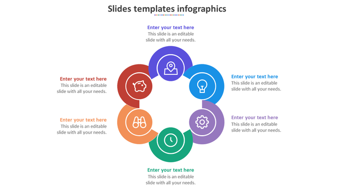 Circular infographic with six colorful sections in blue, teal, purple, green, orange, and, red, each with icon and text.