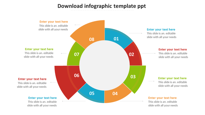 Circular infographic with eight multicolored sections labeled 1 to 8, each connected to placeholder text for descriptions.