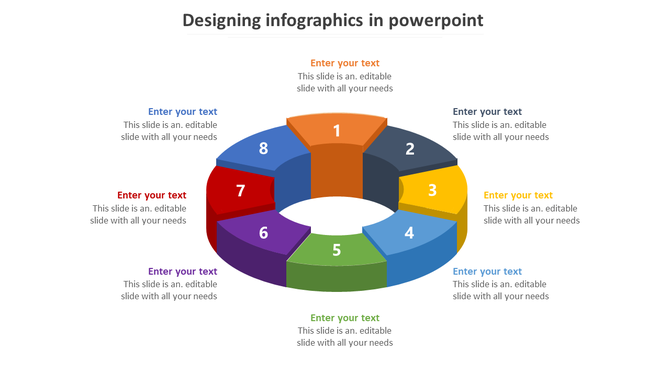 Circular 3D infographic with eight multicolored segments, numbered 1 to 8, with surrounding placeholder text.