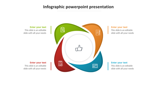 Colorful four step infographic PowerPoint template with icons and text placeholders on a white backdrop.