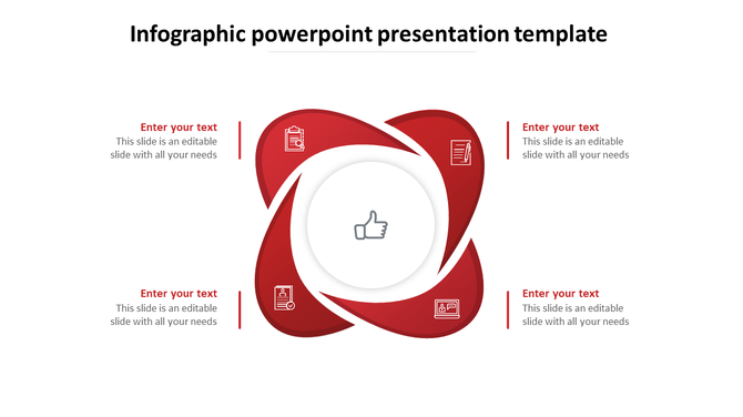 Infographic PowerPoint presentation template with a modern red swirl design and central thumbs up icon with placeholder text.