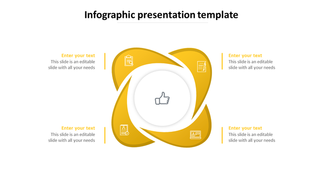 Infographic with four overlapping golden petals around a central thumbs-up icon, each petal containing a business symbol