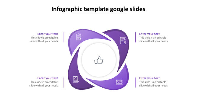 Purple infographic design with four sections, each containing an icon and text placeholder, arranged in a circular layout.