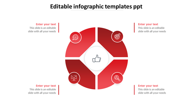 Infographic PPT slide with a red circular design and a central thumbs up icon with placeholder text on a white backdrop.