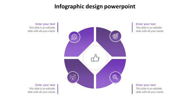 Purple segmented circular infographic with a central thumbs-up icon and four surrounding business related icons.