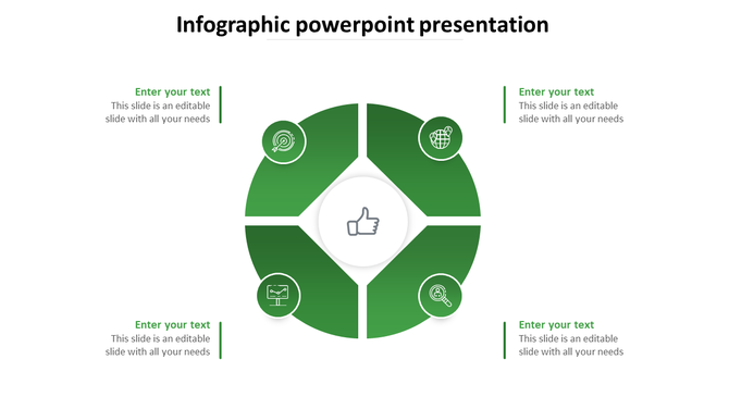 Infographic PPT slide with a green circular design and a central thumbs up icon with placeholder text on a white backdrop.