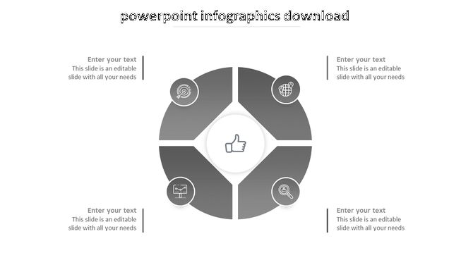 Gray segmented circular infographic with a central thumbs-up icon and four surrounding business related icons.