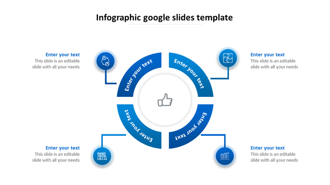 Infographic Google slide featuring a blue circular layout with 4 sections and text placeholders with icons on a white theme.
