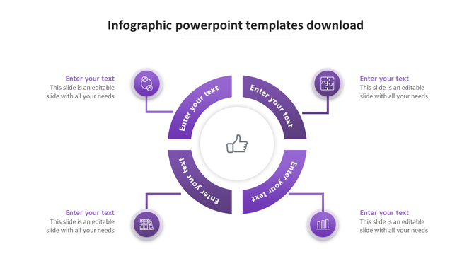Infographic Google slide featuring a purple circular layout with 4 sections and text placeholders with icons on a white theme.