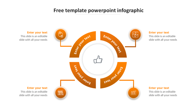 Circular infographic with an orange ring, a thumbs up icon, and four surrounding icons representing business concepts. 