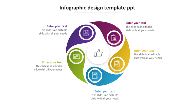 Circular infographic with four sections in purple, yellow, green, and blue, each with icons, surrounding a central thumbs up.