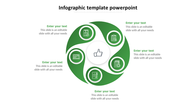 Green circular infographic with segments surrounding a central thumbs up icon, each linked to an outer business icon.