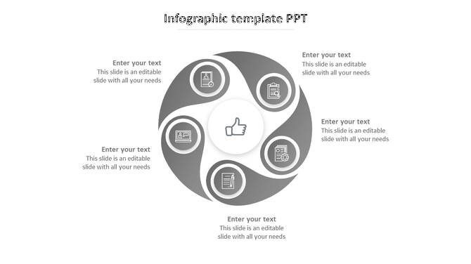 Infographic design featuring five gray icons in a circular pattern with text placeholders and a central thumbs up symbol.
