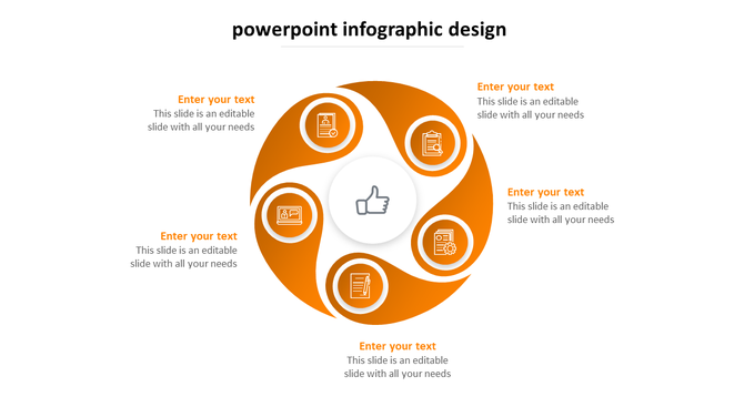 Infographic PPT slide with a modern orange circular swirl design and five sections surrounding a central thumbs up icon.
