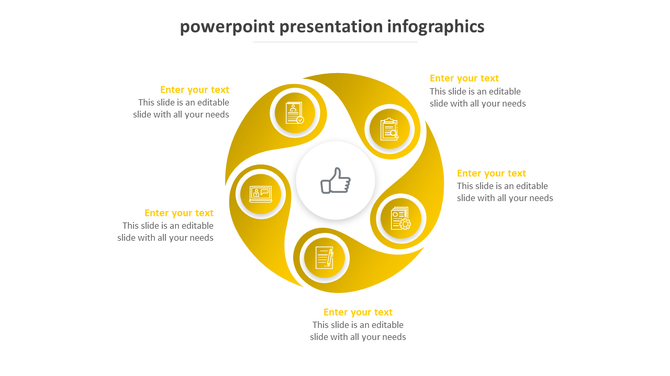 Yellow circular infographic with segments surrounding a central thumbs up icon, each linked to an outer business icon.