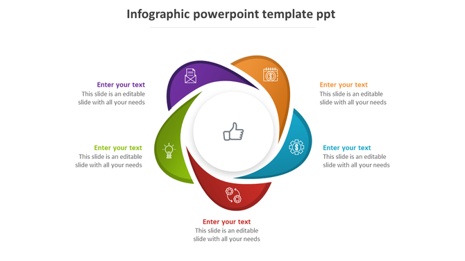 Colorful circular infographic PPT template with five labeled sections with icons and placeholder text on a white backdrop.