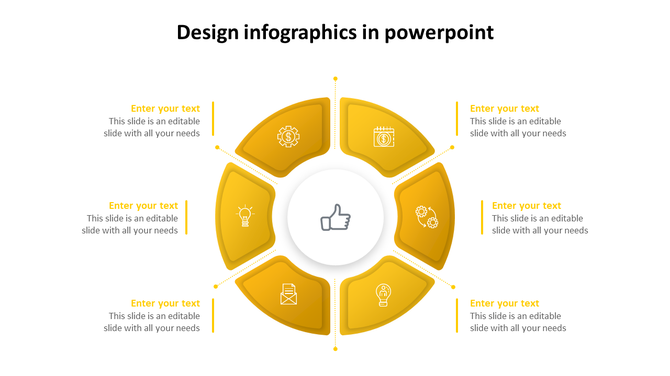 Circular infographic with six yellow segmented sections around a central thumbs up icon, each linked to text placeholders.