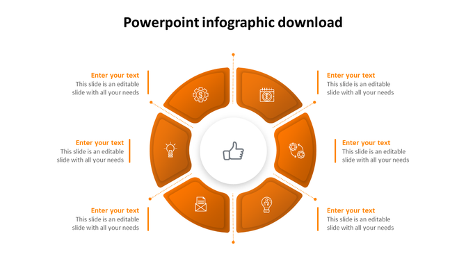 Circular infographic with six orange segments surrounding a central thumbs up icon, each linked to placeholder text. 