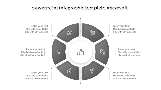 Microsoft infographic PowerPoint template with a grey circular six step diagram and text placeholders on a white backdrop.