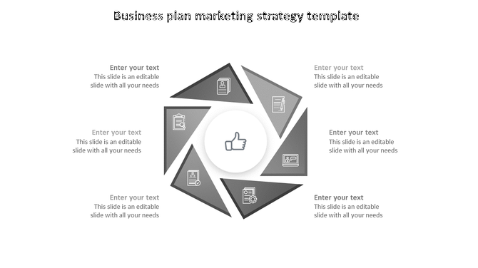 Business strategy wheel with six triangle segments, each with an icon, surrounding a central thumbs up circle.