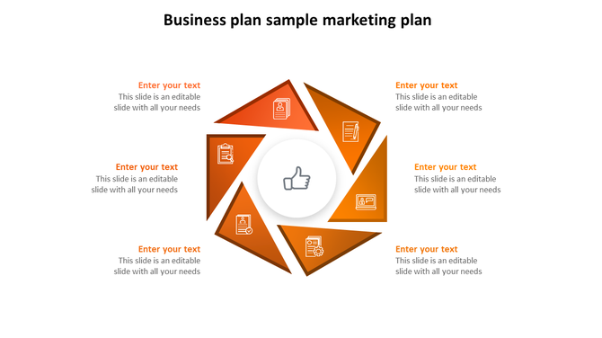 Business plan marketing slide with six orange triangular segments, featuring icons, around a central thumbs up symbol.