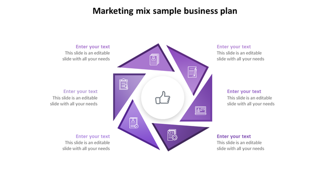 Business marketing management PowerPoint template with a circular purple triangular diagram and central thumbs up icon.