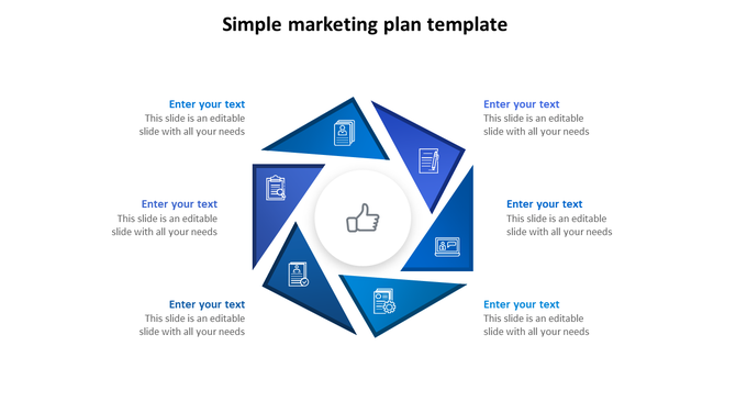 Six step marketing diagram with blue triangular segments and icons around a central thumbs-up symbol on white background.
