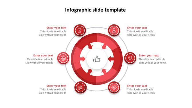 Red themed infographic with six icons around a central circle, each representing different topics with placeholders for text.